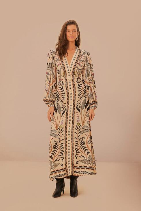 FARM Rio Dresses & Skirts - FARM Rio Botanical Print Long Sleeve V-Neck Maxi Dress Classic Nature Sand Large